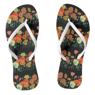 Orange Rote Schwarze Klatschmohn Blumen Damen Flip Flops