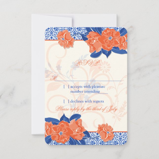 Orange Royal Blue Floral Wedding RSVP Réponse (Devant)
