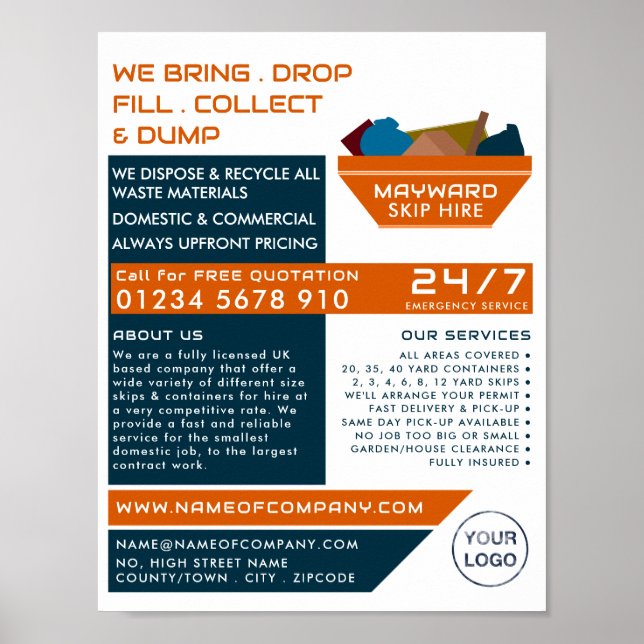 Orange Rubbish Skip Design, Skip/Dumpster Company Poster (Vorne)