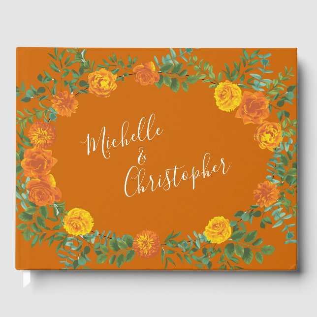 Orange & Rust Fall Peony & Rose Blumenhochzeit Gästebuch (Vorderseite)