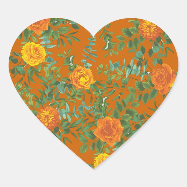 Orange & Rust Fall Peony & Rose Blumenhochzeit Herz-Aufkleber (Vorderseite)
