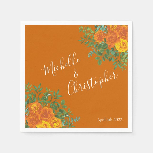 Orange & Rust Fall Peony & Rose Blumenhochzeit Serviette (Vorderseite)