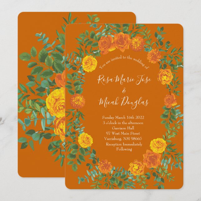 Orange Rust Fall Peony Rose Floral Wedding Einladung (Vorne/Hinten)