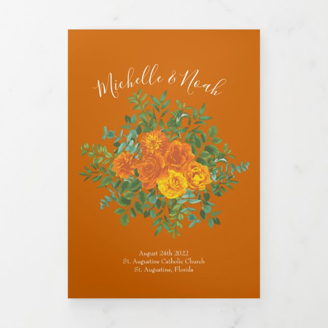 Orange & Rust Fall Peony Rose Hochzeitsprogramme Dreifach-gefaltete Programmkarte (Cover)