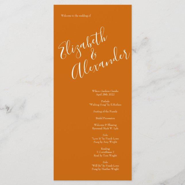 Orange Rust Fall Peony & Rose Wedding Programmes (Devant)
