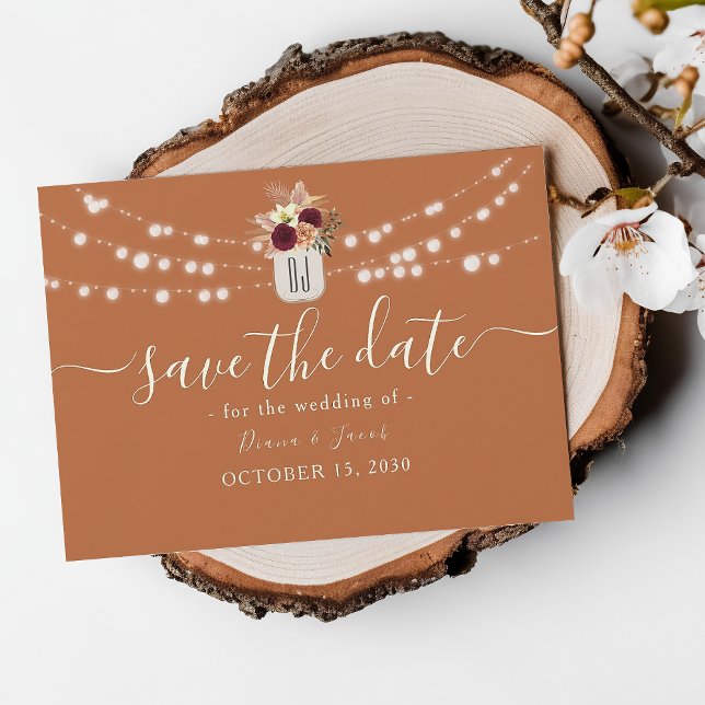 Orange Rustic Burgundy Floral Lights Wedding Save The Date (Von Creator hochgeladen)