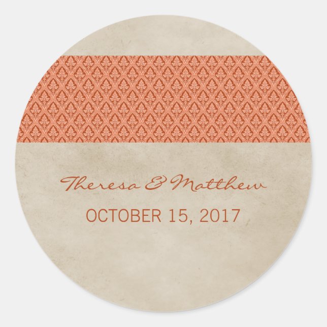 Orange Rustic Damask Wedger Stickers (Vorderseite)