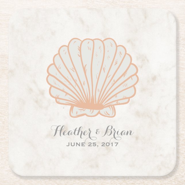Orange Rustic Seashell Wedding Rechteckiger Pappuntersetzer (Vorderseite)