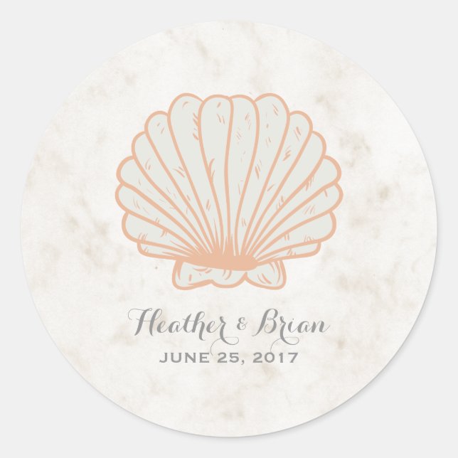 Orange Rustic Seashell Wedding Runder Aufkleber (Vorderseite)
