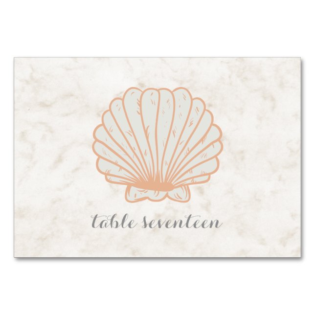 Orange Rustic Seashell Wedding Table Tischnummer (Vorderseite)