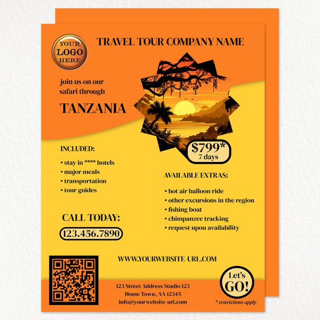 Orange Safari Reisevorlage Flyer (A bright orange on custom background color travel agency flyer with your logo and photo)