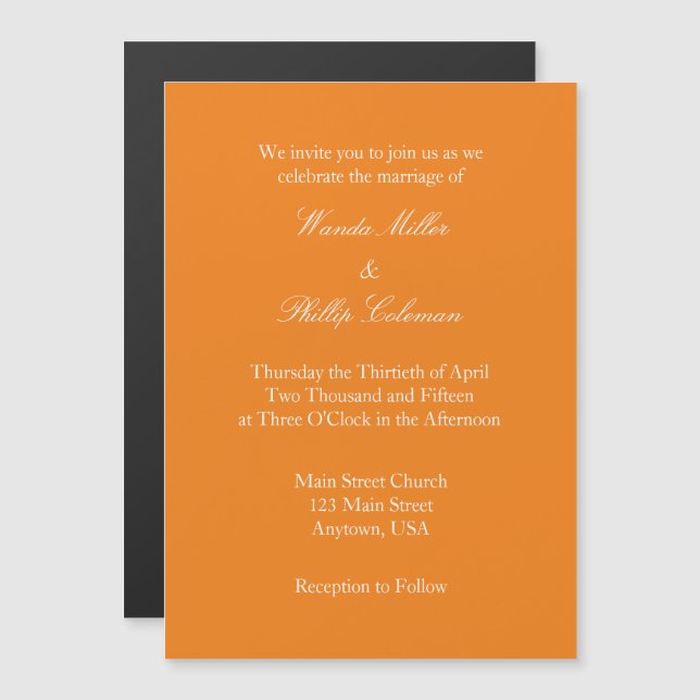 Orange Schlichte einfache magnetische Hochzeitsein Magneteinladung (Vorne/Hinten)