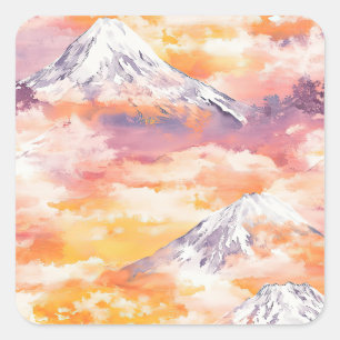 Orange Schneegipfel Sonnenuntergang Aquarell Natur Quadratischer Aufkleber