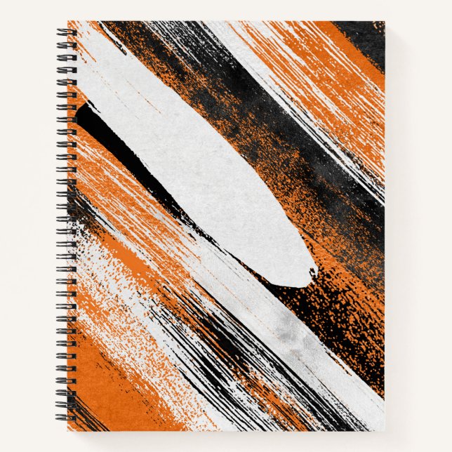 Orange, Schwarz und Weiß Pinselstriche Notizbuch (Vorderseite)