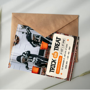 Orange, Schwarz und Weiß Trick Or Treat Halloween Einladung