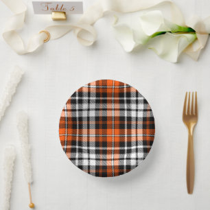 Orange Schwarz Weiß Kariertes Tartan Muster Design Pappteller