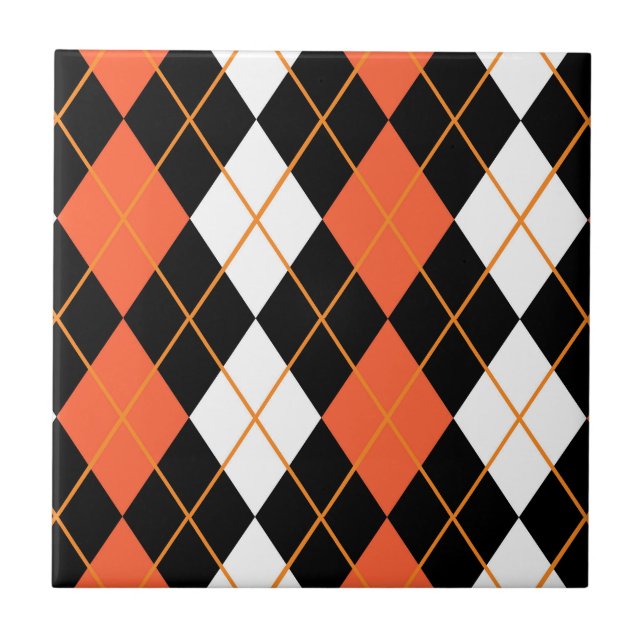 Orange Schwarz-weiße Raute Diamond Design Fliese (Vorderseite)