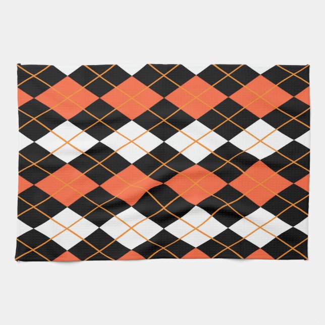 Orange Schwarz-weiße Raute Diamond Design Geschirrtuch (Horizontal)