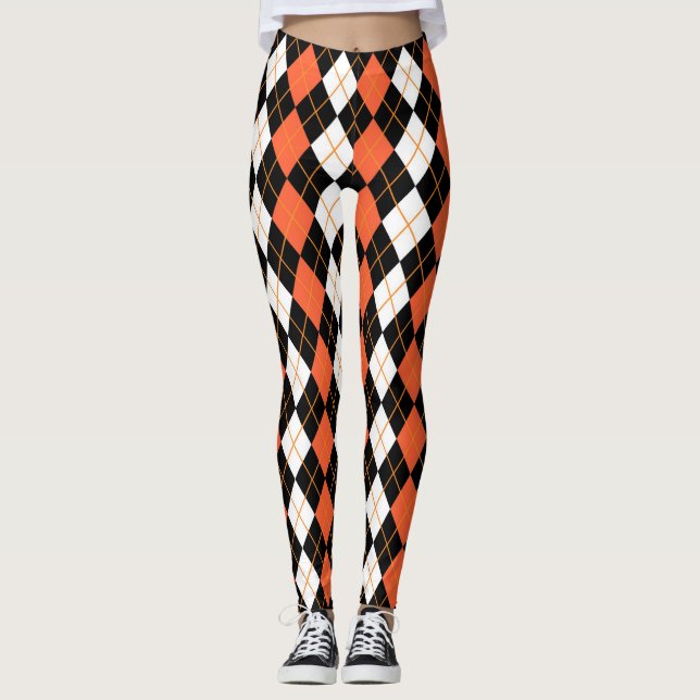 Orange Schwarz-weiße Raute Diamond Design Leggings (Vorderseite)