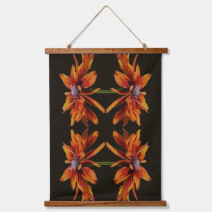 Orange Schwarzäugige Susanne Blumen Abstract Wandteppich Mit Holzrahmen