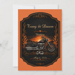 Orange Schwarze Biker-Hochzeit Motorrad Einladung