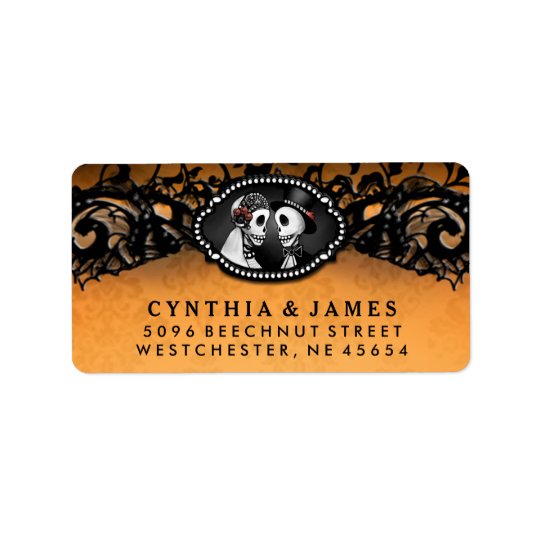 Orange schwarze elegante Hochzeits-Skelette Adressaufkleber