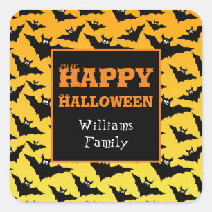 Orange schwarze Fledermäuse Halloween Muster perso Quadratischer Aufkleber
