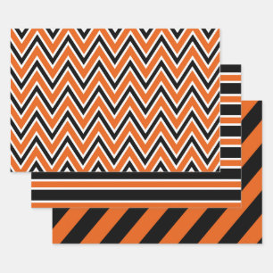 Orange, schwarze und weiße Chevron- und Streifenmu Geschenkpapier Set