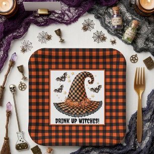 Orange & schwarzer Gingham Halloween Hexenhut & Fl Pappteller