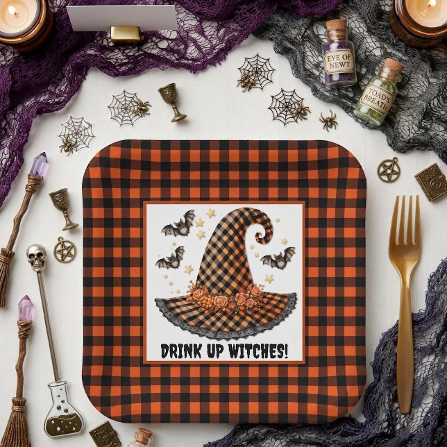 Orange & schwarzer Gingham Halloween Hexenhut & Fl Pappteller (Von Creator hochgeladen)