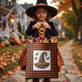 Orange-schwarzer Gingham-Halloween-Hexenhut & Fled Tasche