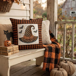 Orange-schwarzer Gingham-Halloween-Hexenhut und Fl Kissen