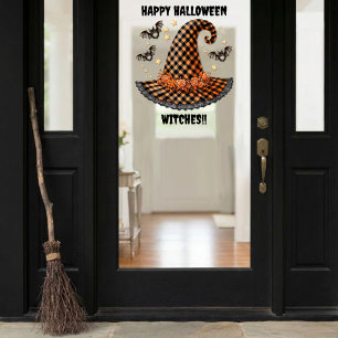 Orange & schwarzer Gingham-Hexenhut & Fledermäuse Fensteraufkleber