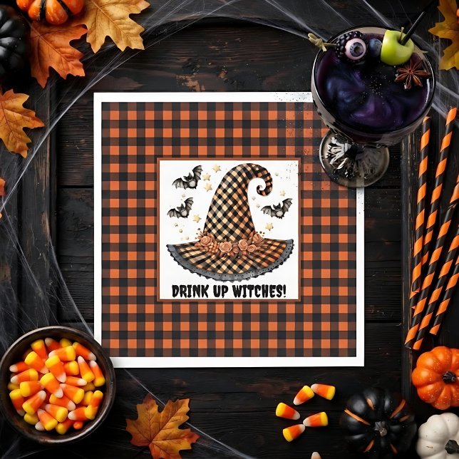 Orange & schwarzer Gingham-Hexenhut & Fledermäuse Serviette (Von Creator hochgeladen)