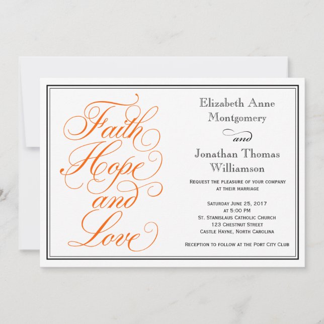 Orange Script Faith Hope Love Faire-part de mariag (Devant)