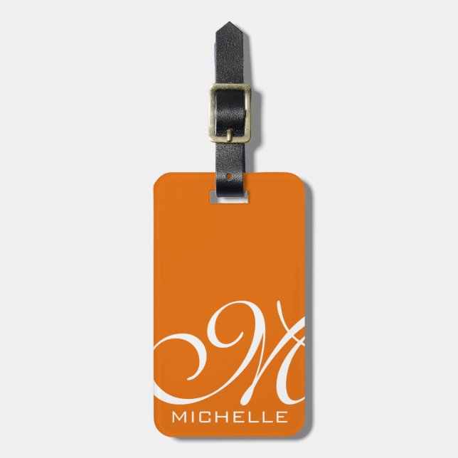 Orange-Script-Mit Monogramm Gepäckanhänger (Vorderseite vertikal)