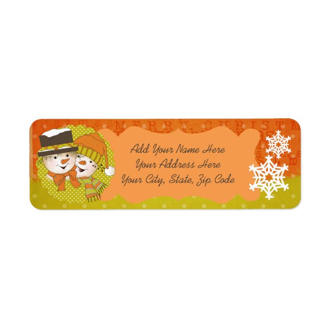 Orange/Senf Snowmen Rücksendeadressen-Aufkleber (Vorne)