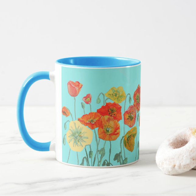 Orange Shabby Fleurs de pavot maman Fille Mug Aqua (Avec donut)