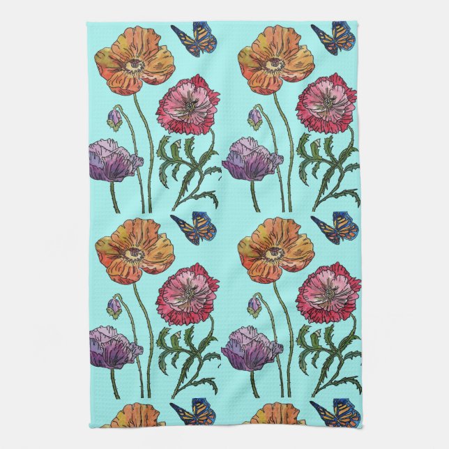 Orange Shabby Poppy Aqua Ticino Geschirrtuch (Vertikal)