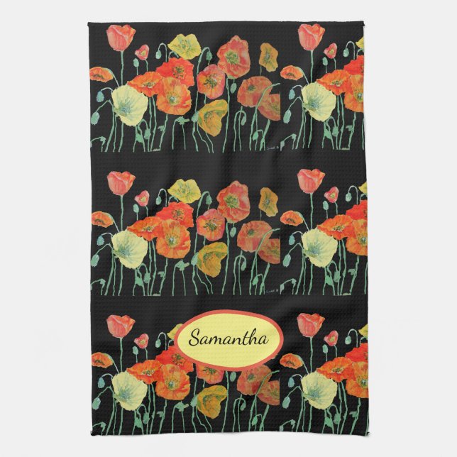 Orange Shabby Poppy Watercolor Handtuch Schwarz (Vertikal)