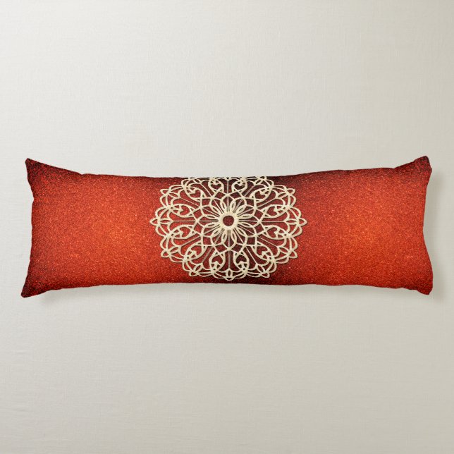 Orange Shimmery Gold Mandala Seitenschläferkissen (Vorderseite)