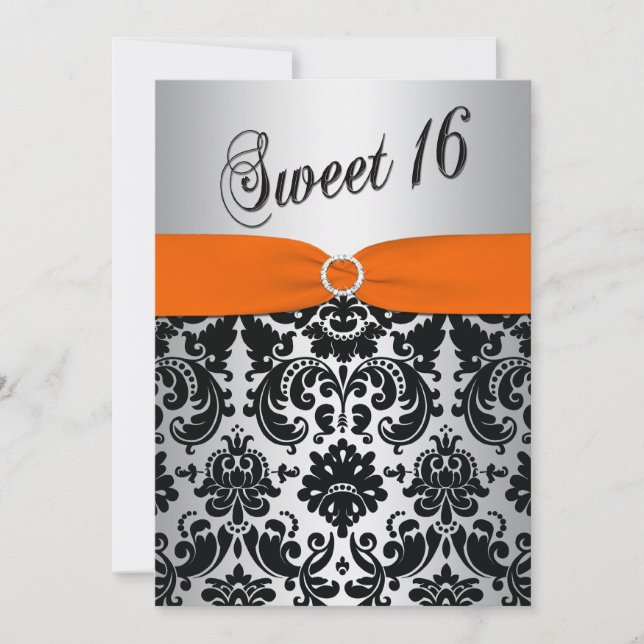 Orange, Silber, Schwarzer Damast Sweet 16 Einladun Einladung (Vorderseite)