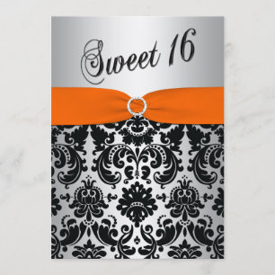 Orange, Silber, Schwarzer Damast Sweet 16 Einladun Einladung