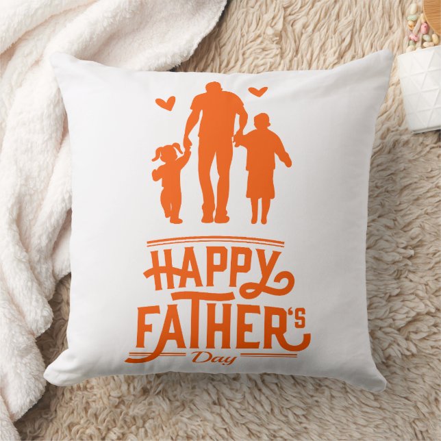 Orange Silhouette Dad Two Kids Hearts Kissen (Decke)