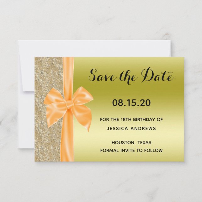 Orange Silk Bow Gold Glitter Sequins 18th Birthday Save The Date (Vorderseite)