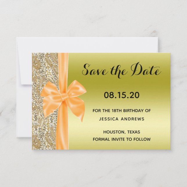 Orange Silk Bow Gold Sequins 18th Birthday Save The Date (Vorderseite)