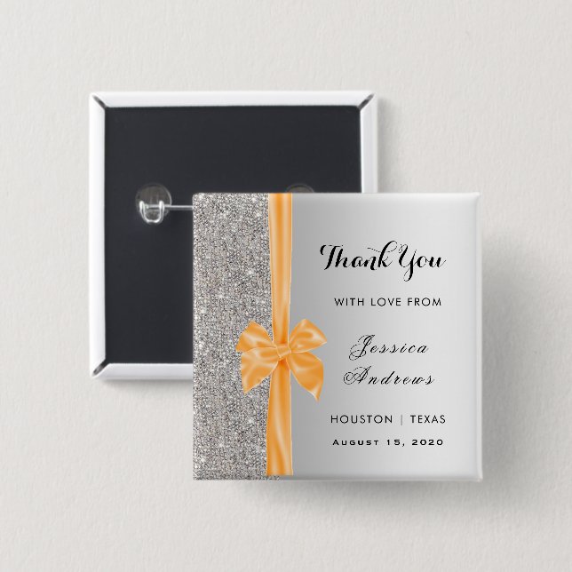 Orange Silk Bow Silver Sequins Birthday Gefallen Button (Vorne & Hinten)