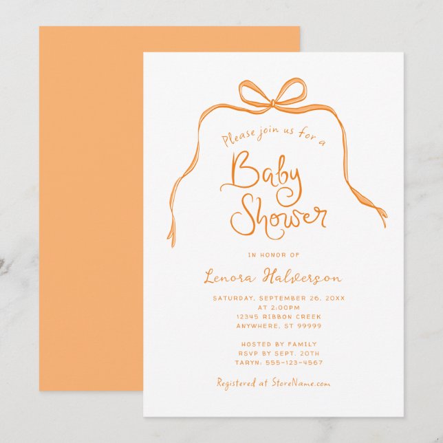 Orange Simple Bow Baby Shower Einladung (Vorne/Hinten)
