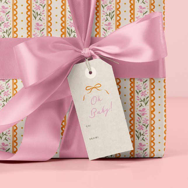Orange Simple Bow Pink Oh Baby Geschenkanhänger (Oh Baby gift tag with orange bow illustration)