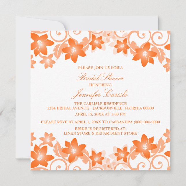 Orange Simple Floral Brautparty laden Einladung (Vorderseite)